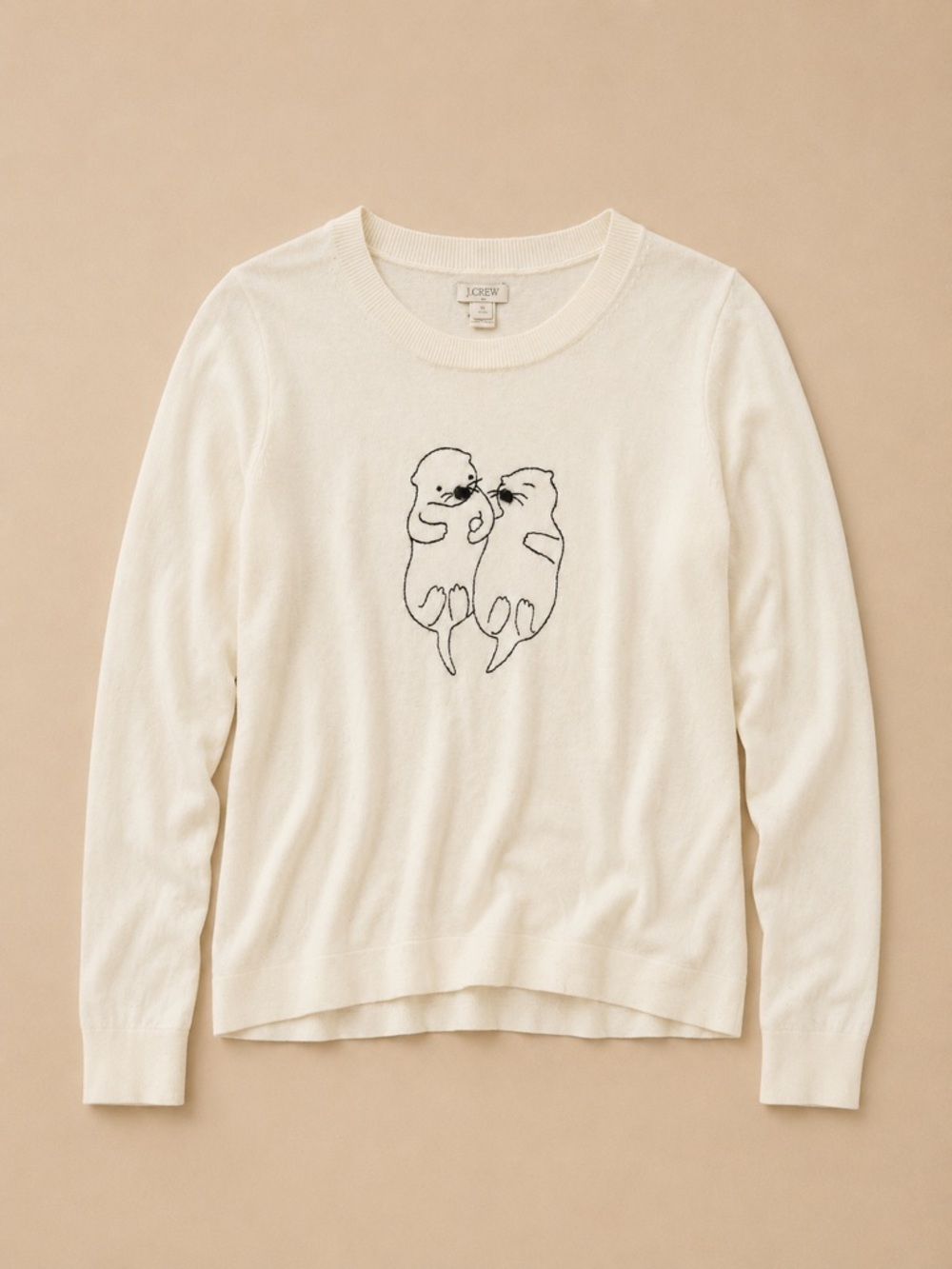 J.Crew Otter Sweater Small Merino Wool Blend Novelty Embroidered Knit Cream - Picture 2 of 7